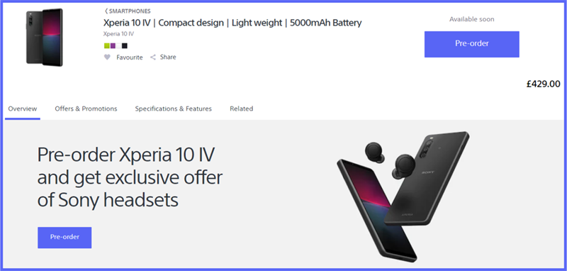 Giá bán của Sony Xperia 10 IV tại Anh