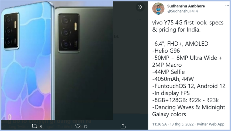 Vivo Y75 4G lộ cấu hình và thiết kế mặt sau