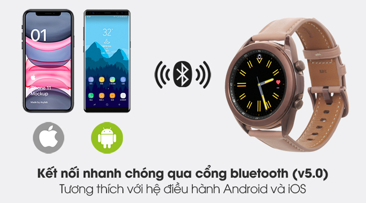 Samsung Galaxy Watch 3 được trang bị chuẩn kết nối Bluetooth v5.0 cho phép người dùng ghép nối với smartphone, máy tính bảng ổn định