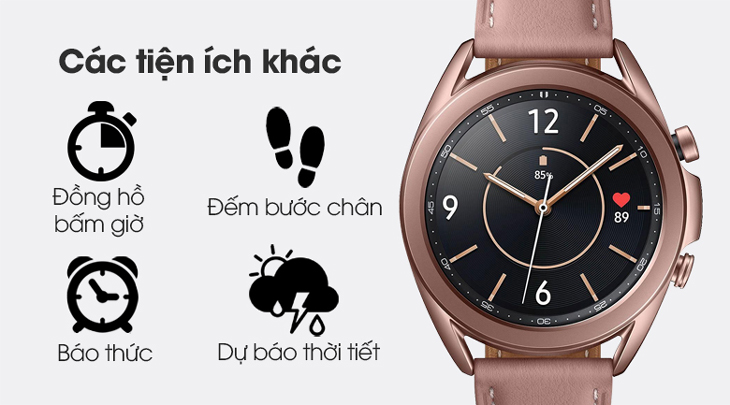 Galaxy Watch 3 được trang bị tính năng báo thức, rung thông báo, đếm bước chân, dự báo thời tiết hiện đại