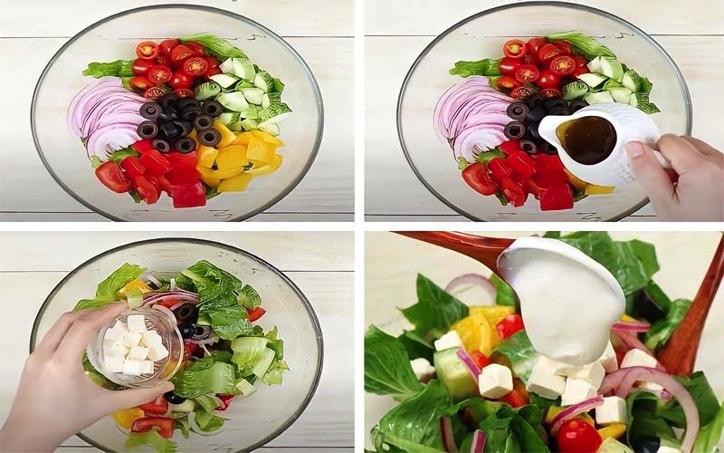 Trộn đều salad với nước sốt vừa pha