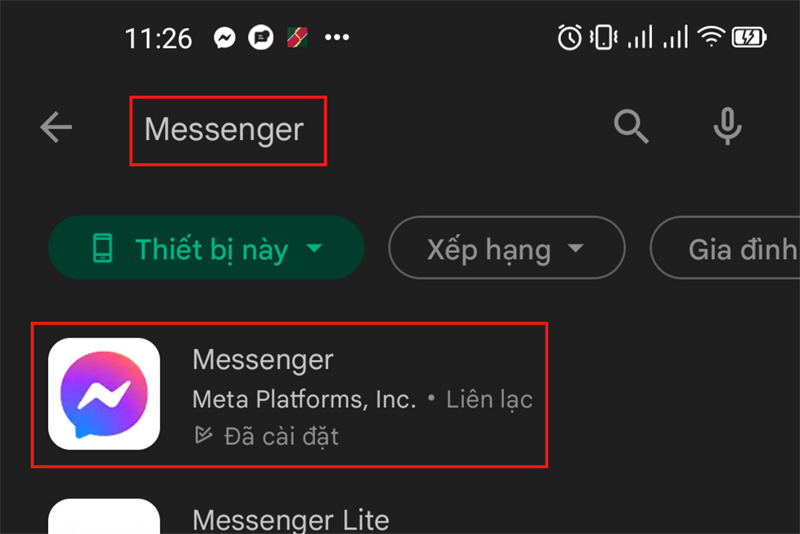 Tìm kiếm với cái tên Messenger và nhấn chọn vào ứng dụng sau khi được tìm ra Tìm kiếm với cái tên Messenger và nhấn chọn vào ứng dụng sau khi được tìm ra