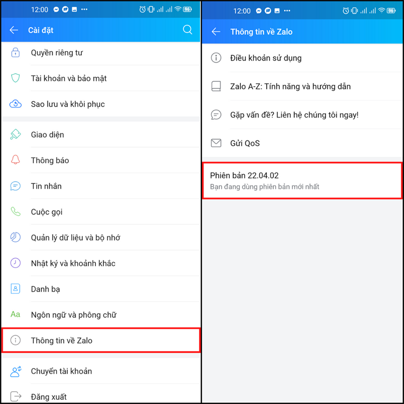 Nhấn vào phần Thông tin về Zalo và kiểm tra xem có bản cập nhật nào không