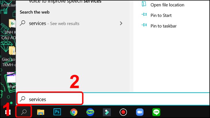 Bấm vào khung tìm kiếm > Nhập từ khóa Services.