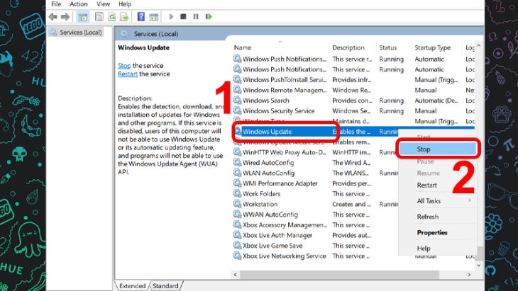 Click chuột phải vào Windows Update > Chọn Stop để dừng Windows update service.