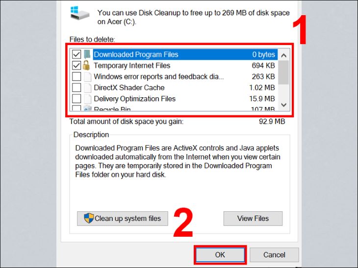 Tích chọn vào những file bạn thấy không cần thiết > Nhấn OK là hoàn tất.