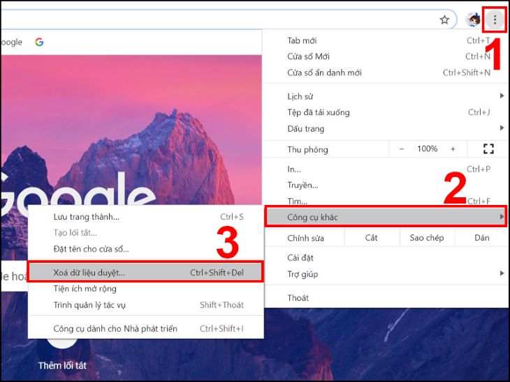 Tại giao diện trình duyệt Chrome, click vào biểu tượng dấu 3 chấm > Chọn Công cụ khác > Chọn Xóa dữ liệu duyệt...