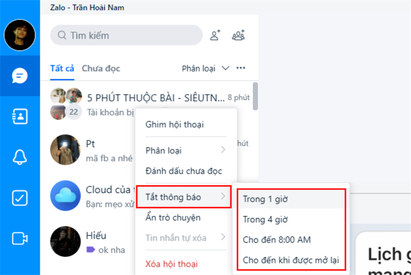 Chuột phải vào cuộc trò chuyện muốn tắt thông báo > Tắt thông báo > Chọn thời gian muốn tắt. Chuột phải vào cuộc trò chuyện muốn tắt thông báo > Tắt thông báo > Chọn thời gian muốn tắt.