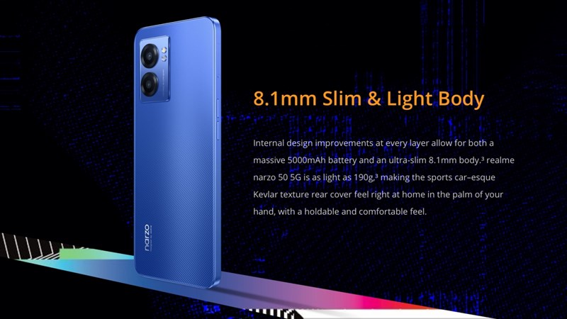 Realme Narzo 50 5G có độ dày 8.1 mm, nặng 190 g, có khe cắm microSD và cảm biến nhúng vào phím nguồn