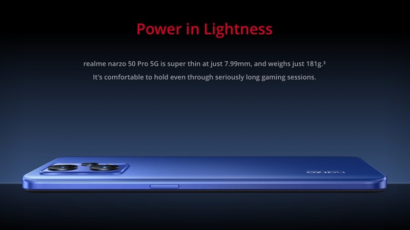 Realme Narzo 50 Pro 5G có độ dày 7.99 mm và nặng 181 g