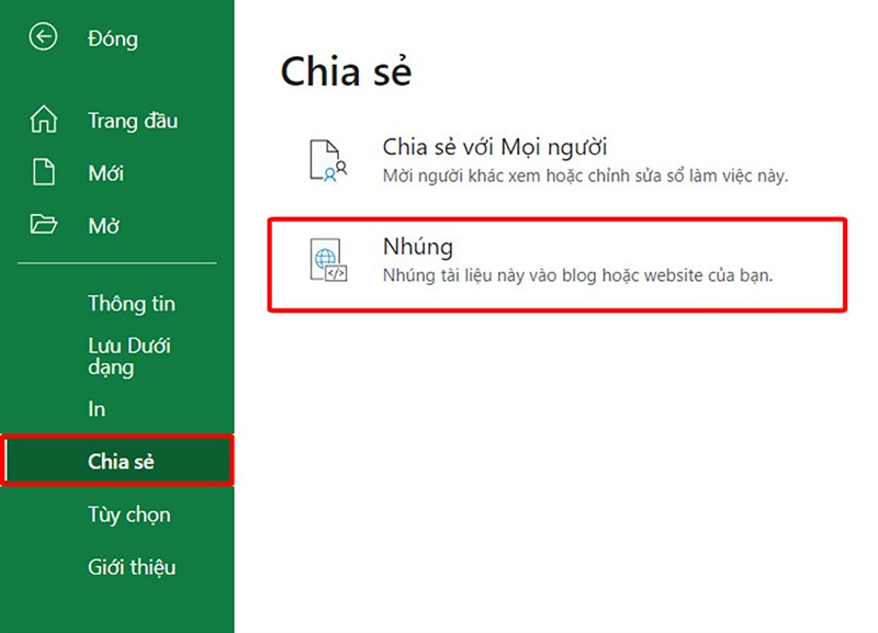 Cách lấy mã nhúng trong bảng tính Excel