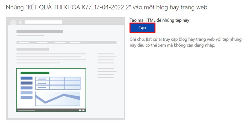 Cách lấy mã nhúng trong bảng tính Excel