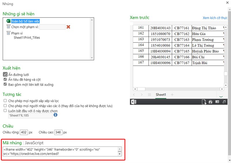 Cách lấy mã nhúng trong bảng tính Excel