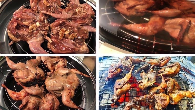 Nướng chim cút bằng bếp than hoặc lò nướng