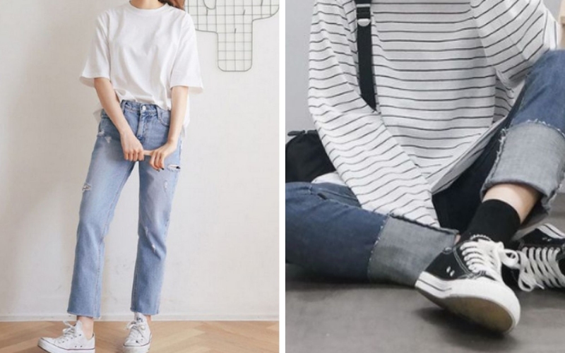 Áo phông phối cùng quần jeans và giày thể thao nữ