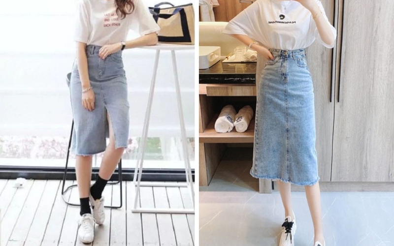 Áo phông phối cùng chân váy denim và giày thể thao