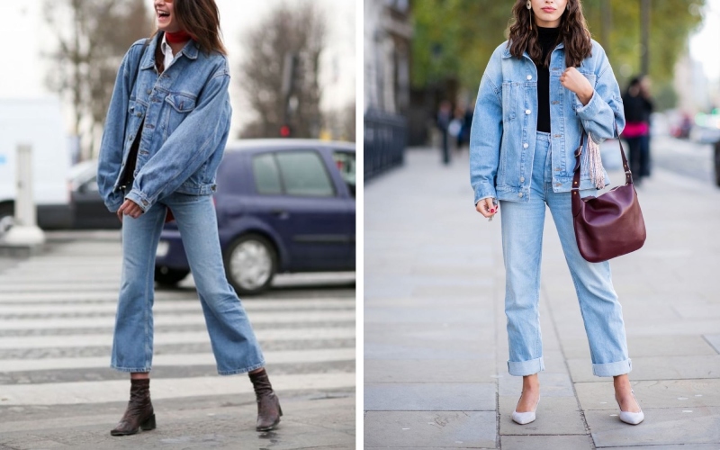 Phối quần ống loe với áo khoác denim