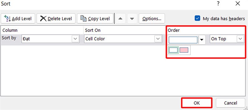 Cách sắp xếp dữ liệu theo màu trong Excel