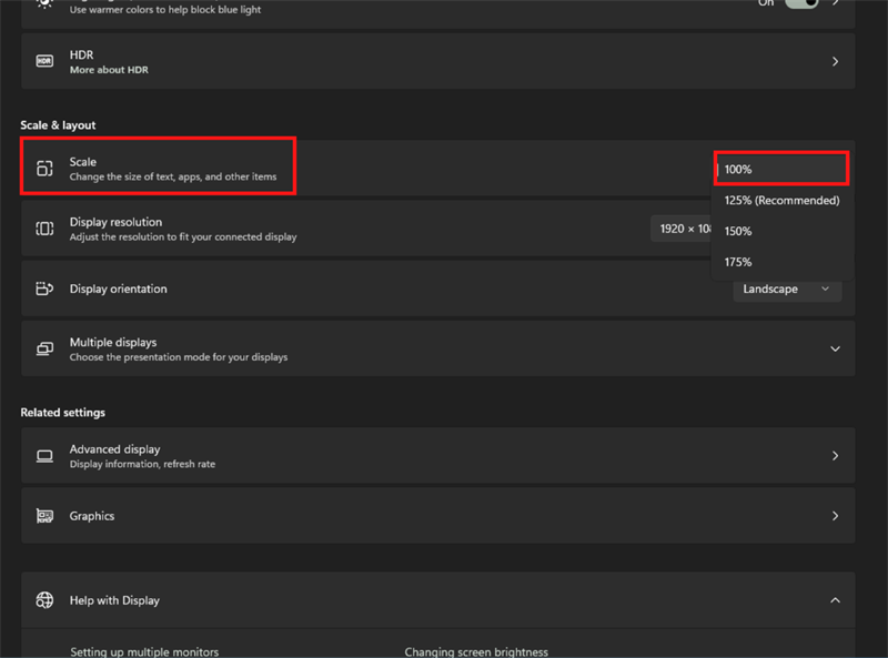 Ở mục Scale, chọn tỷ lệ màn hình 100%.