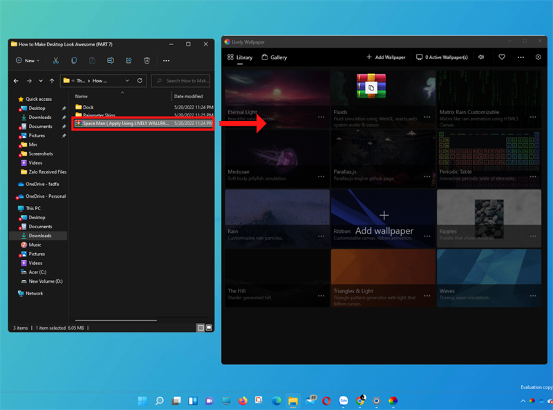Kéo thả file Zip bên trong file Theme Phi hành gia vừa giải nén xong vào ứng dụng Lively Wallpaper.