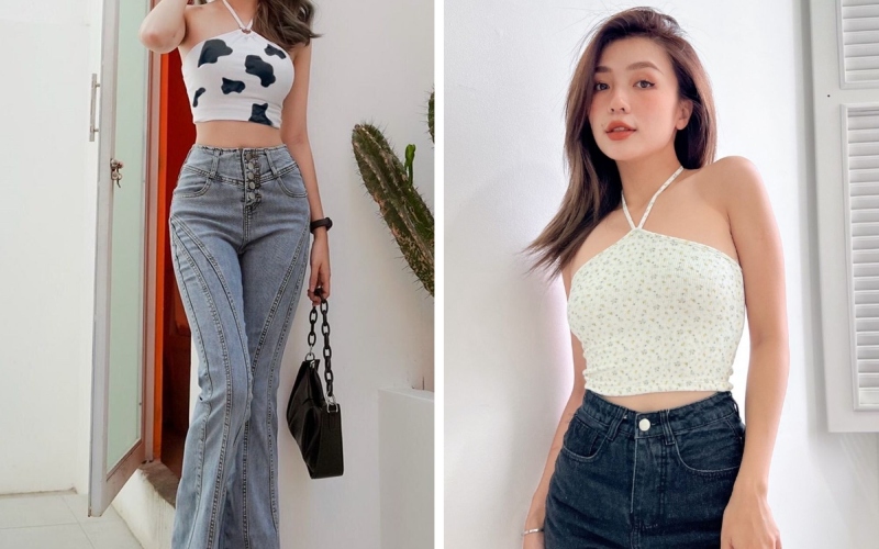 Áo croptop ôm cổ yếm cùng quần quần short