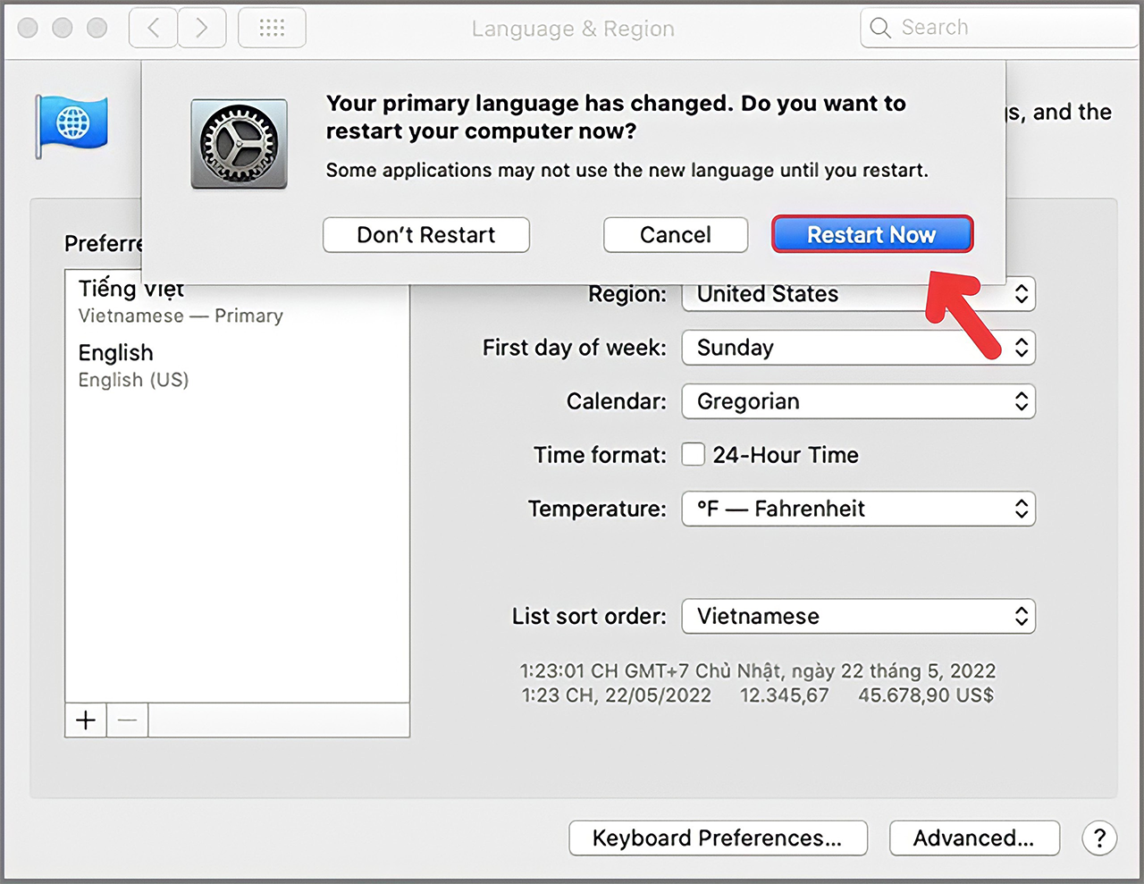 Cách thay đổi ngôn ngữ tiếng việt trên MacBook