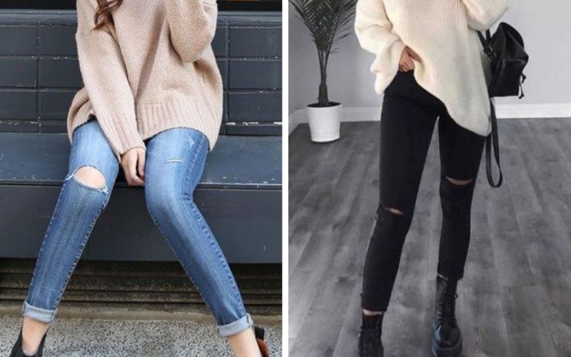 Boot đen cổ thấp và quần jeans rách ôm, áo len phom rộng