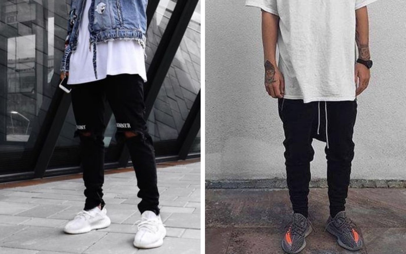 Giày Yeezy 350 cùng áo phông trắng và quần jogger