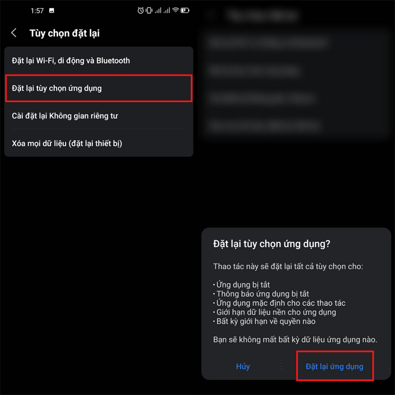 Đặt lại tùy chọn ứng dụng > Đặt lại ứng dụng.