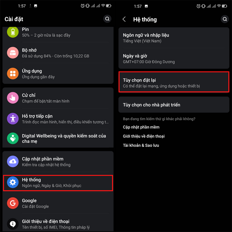 Nhấn vào phần Cài đặt. Chọn Hệ thống > Tùy chọn đặt lại.