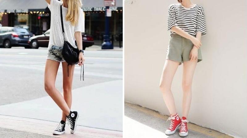 Giày converse cổ cao nữ và áo thun, quần short