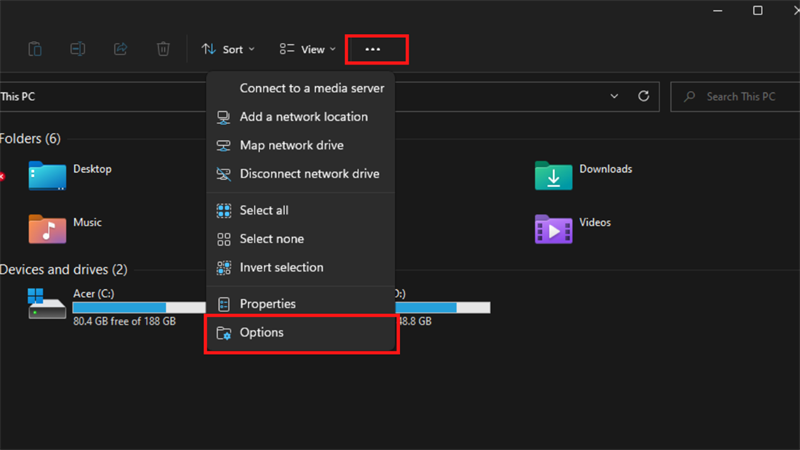  Nhấn tổ hợp phím Windows + E để mở File Explorer lên. Nhấn chọn dấu 3 chấm > Options