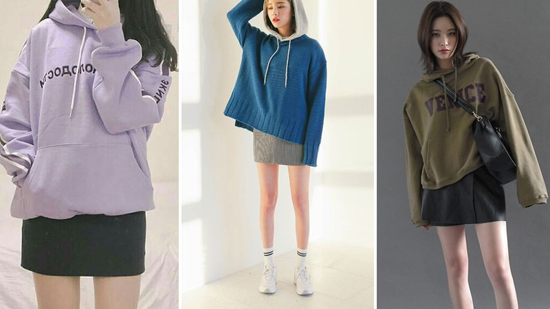 Áo Hoodie phối với chân váy ngắn ôm tôn dáng