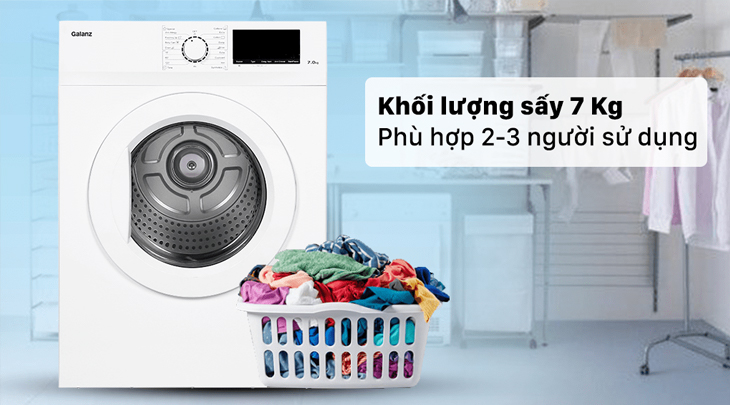 Khối lượng sấy của máy sấy thông hơi Galanz 7 Kg DV-70T5C(W) khoảng 7 kg, cực kỳ phù hợp cho những gia đình có từ 2 - 3 thành viên