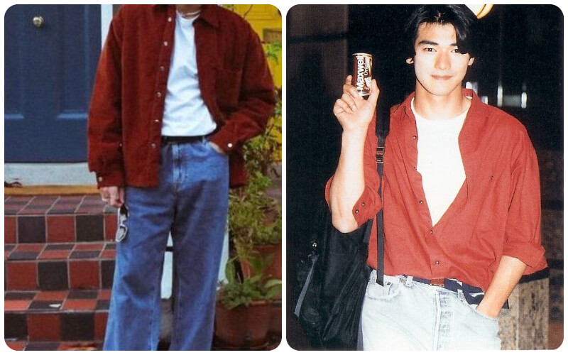 Phối quần jean ống rộng nam với áo khoác đỏ đô với phong cách Hong Kong