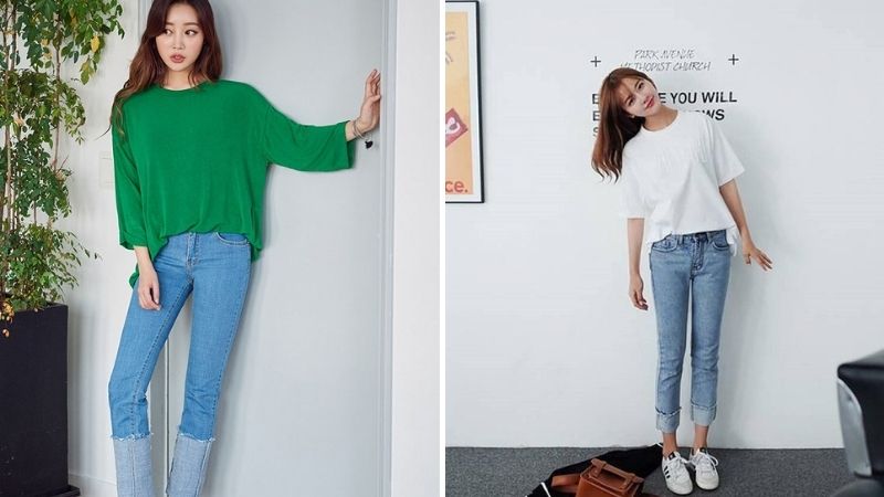 Áo thun trơn và quần jeans xắn gấu