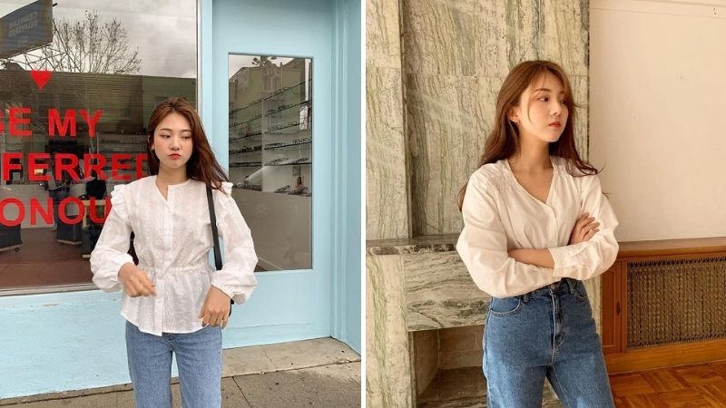 Áo blouse kẻ tay bồng và quần jeans