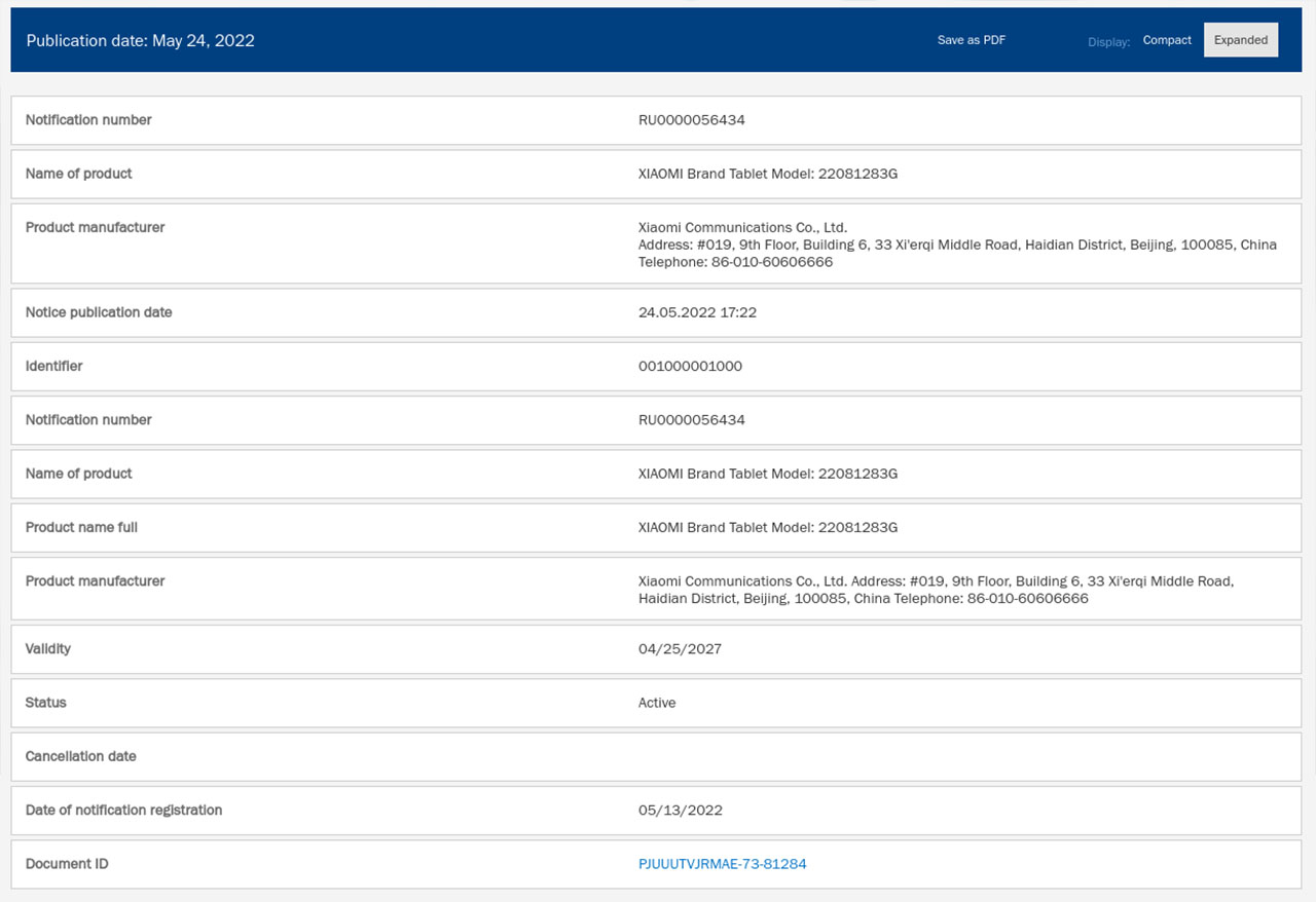 Chiếc tablet này đã nhận được chứng nhận từ EEC