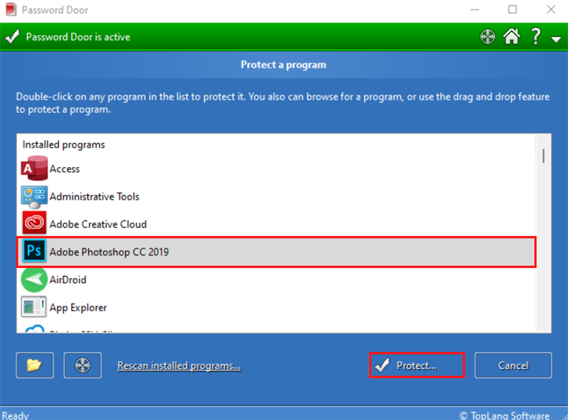 Chọn phần mềm để khóa và nhấn vào nút Protect ngay bên dưới. Chọn phần mềm để khóa và nhấn vào nút Protect ngay bên dưới.