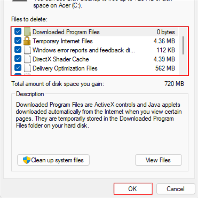 Tích chọn tệp tin muốn xóa và nhấn vào nút OK.