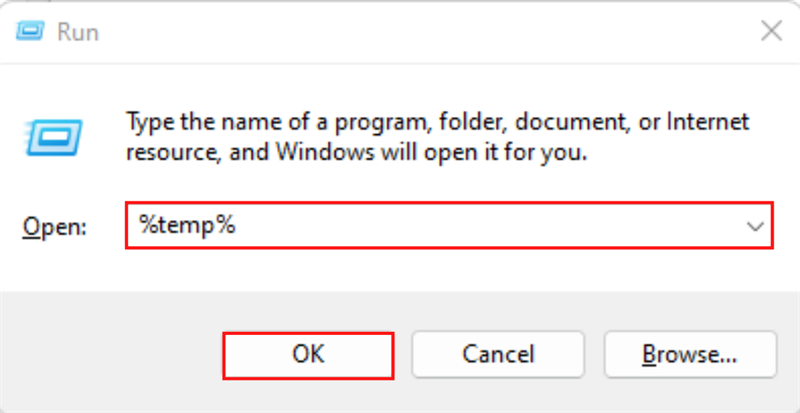 Sau đó thì điền vào dòng lệnh %temp% và nhấn vào nút OK.