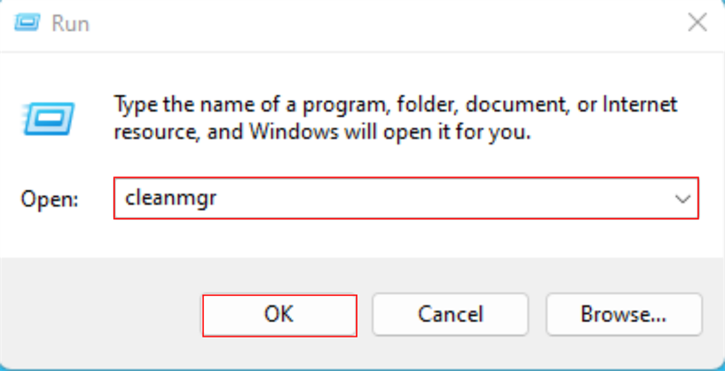 Sau đó thì điền vào dòng lệnh cleanmgr và nhấn vào nút OK.