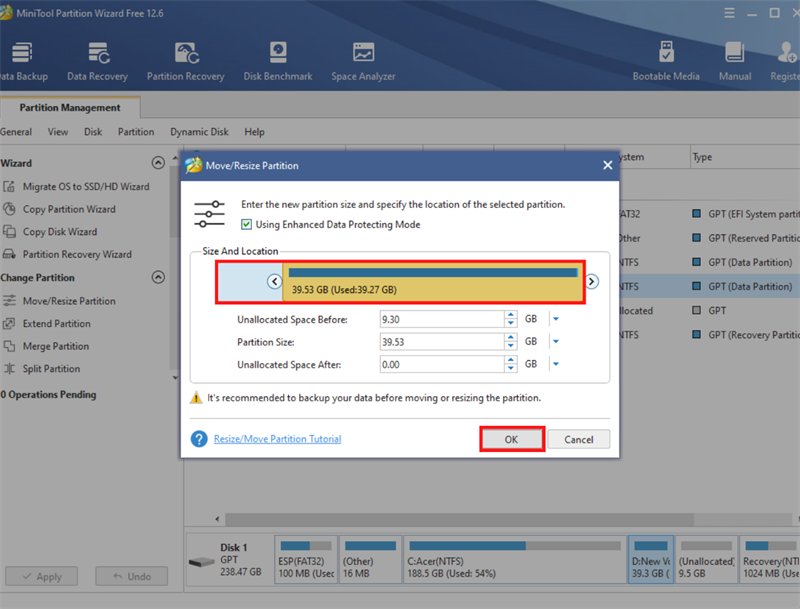 Nhấn giữ chuột trái và kéo thanh màu vàng về bên tay phải để tạo ra dung lượng.
