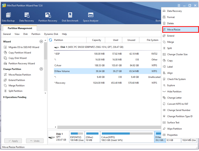 Nhấn chuột phải vào ổ đó và chọn Move/Resize.