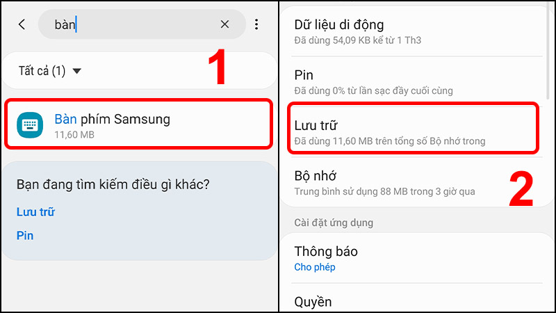 Tìm kiếm Bàn phím Samsung > Chọn Lưu trữ.