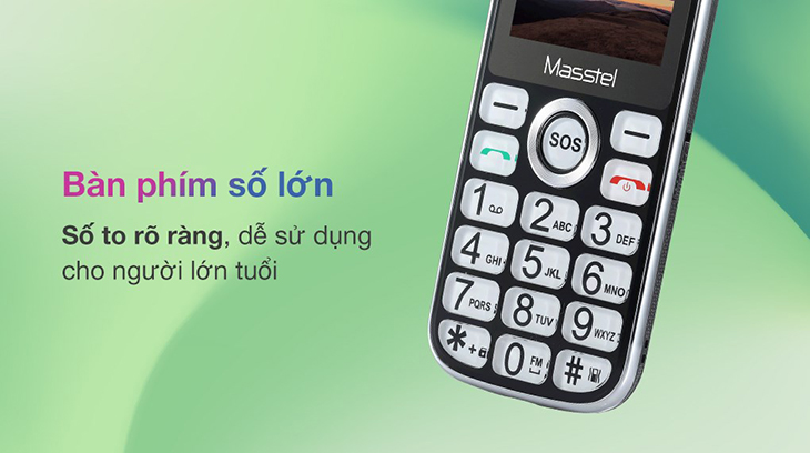 Điện thoại Masstel FAMI 60 4G trang bị bàn phím số lớn và rõ ràng nên dễ sử dụng cho người lớn tuổi
