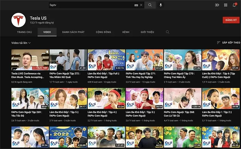 Kenh YouTube cua FAPtv bi doi thanh Tesla US va livestream quang cao tien ao