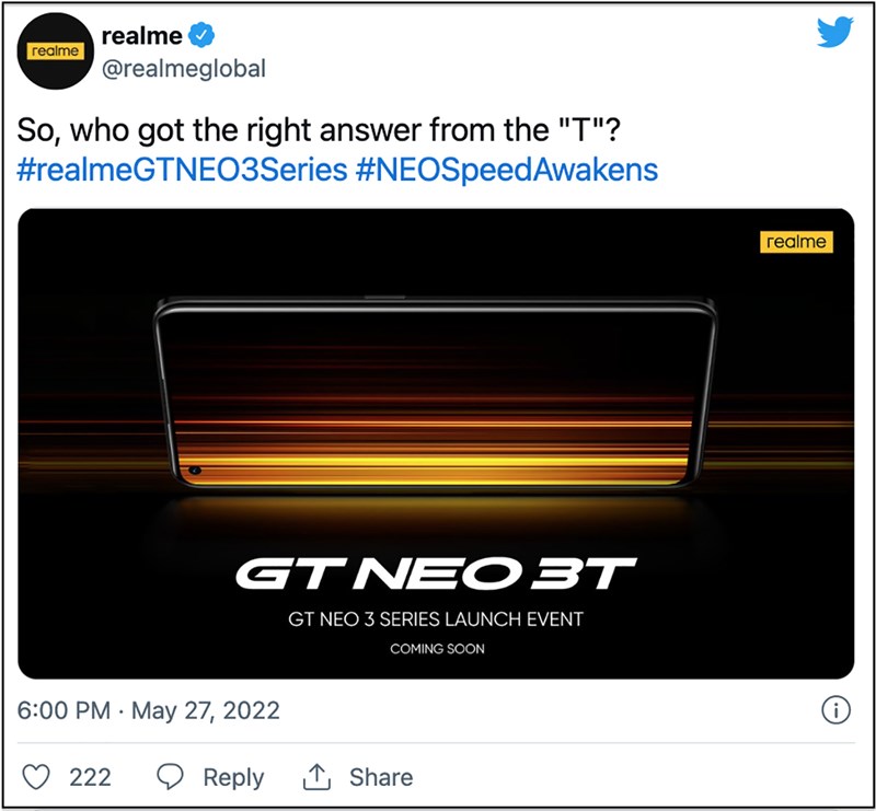 Realme xác nhận GT Neo 3T sớm được ra mắt Realme xác nhận GT Neo 3T sớm được ra mắt