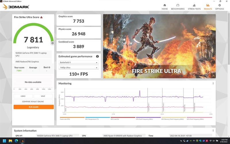 Kết quả bài test 3D Mark - Fire Strike Ultra trên ASUS ROG Zephyrus Duo 16