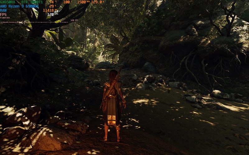 Trải nghiệm tựa game 'Shadow of the Tomb Raider' với thiết lập rất cao (Very High), bật tính năng DLSS và Ray Tracing cho lại số khung hình dao động trong khoảng 96 - 120 FPS